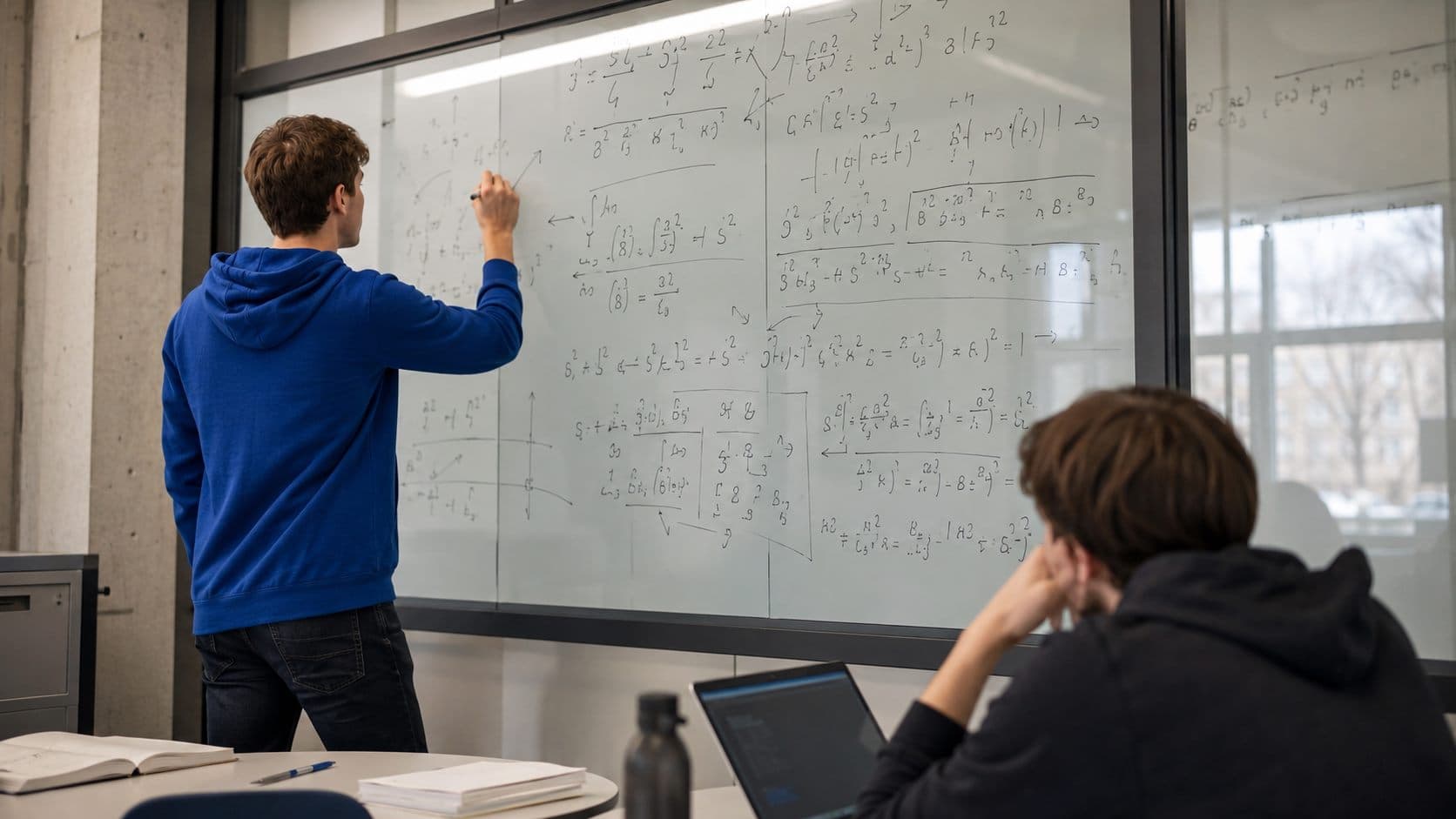 Студент выводит длинные формулы на стеклянной доске
